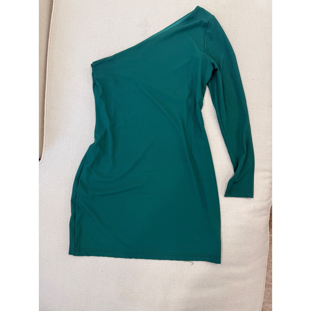 Lovers + Friends Dress Womens L One Shoulder Ribbed Long Sleeve Teal Green Good